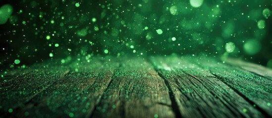 Aufkleber - Abstract Green Dust Particles on Wood Background with Sparkling Light Effects for Text Overlay and Creative Design Elements