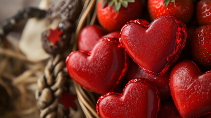 Wall Mural - A close-up of heart-shaped strawberry toffees wrapped in red foil, styled in a wicker basket with decorative accents