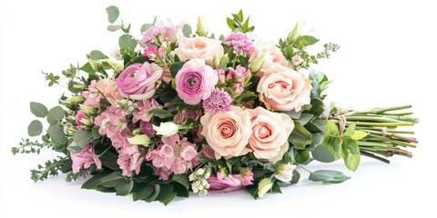 Aufkleber - Elegant floral bouquet arrangement with pink roses and greenery isolated on white background suitable for greeting cards or invitations.