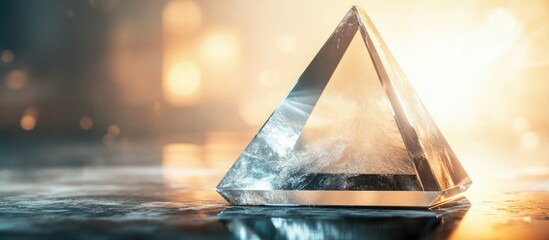 Leinwandbilder - Triangular prism crystal on metallic surface showcasing optical properties with ample space for text and captivating light reflections
