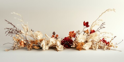 Fototapete - Elegant floral display featuring dried blossoms and foliage with ample empty space for text placement and design integration