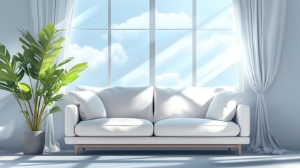 Poster - Modern living room interior with white sofa and potted plant showcasing natural light and serene ambiance for urban minimalist decor