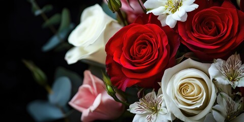 Poster - Stylish Floral Arrangement with Roses and Alstroemerias Displaying Elegant Colors and Empty Space for Personalized Text or Message