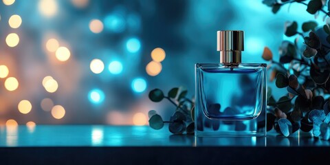 Poster - Elegant perfume bottle surrounded by greenery on a shelf with dreamy blue bokeh lights and empty space for text or branding.