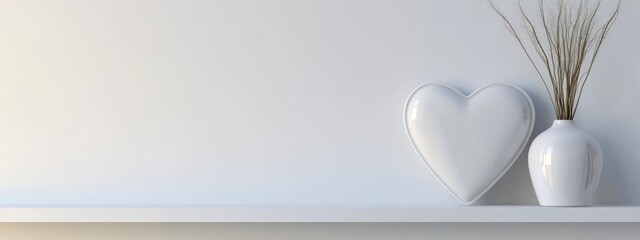 Leinwandbilder - White heart-shaped frame for photo mockup in a minimalist bedroom interior with empty wall space for text and decor elements.