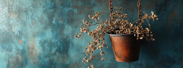 Poster - Dried plant in hanging pot against textured backdrop with ample copy space for text or branding elements