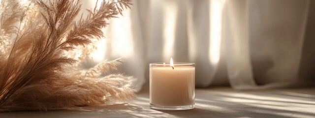 Poster - Cozy Living Space with Dried Pampas Grass and Glowing Candle Ideal for Relaxation and Serene Decor With Copy Space for Text