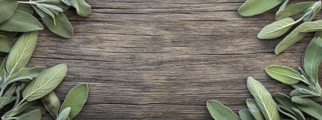 Fototapete - Dried sage leaves arranged on rustic wooden surface with empty space for adding text or branding in natural health and wellness theme