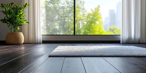 Leinwandbilder - Elegant dark wooden floor showcasing a soft white rug near bright window with greenery view providing ample copy space for text