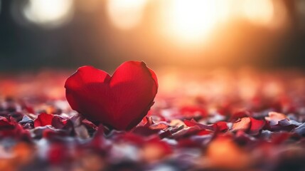 Poster - Close up of red rose and heart on soft petals in warm morning light perfect for romantic themes with space for quotes or messages
