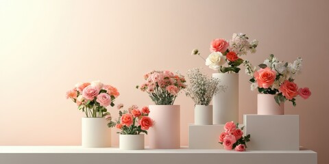 Aufkleber - Elegant floral arrangements in modern containers with soft pastel tones and ample copy space for promotional text or special occasion messages