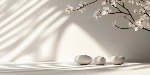 Aufkleber - Elegant minimalist composition with flowers and stones on a soft background perfect for text overlay and peaceful ambiance