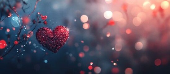 Poster - Glittering red heart on a dreamy bokeh background symbolizing love perfect for Valentine's Day with space for text or messages.