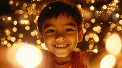 Aufkleber - Kids celebrating festive lights with joyful expressions, perfect for Diwali and Christmas greetings in a sparkling golden background.