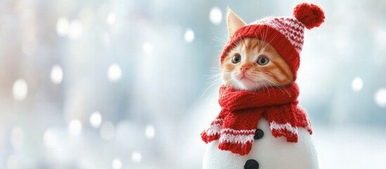 Poster - Red kitten with snowman in festive attire surrounded by snowflakes perfect for Christmas card or holiday celebration theme with blank space.