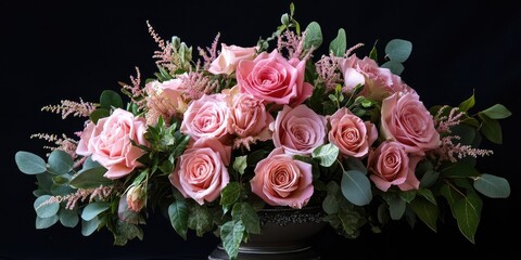 Aufkleber - Elegant floral arrangement of pink roses and greenery with dark background and ample space for text placement.