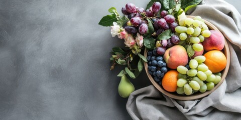Leinwandbilder - Chic fruit bowl featuring assorted fresh fruits on a modern breakfast table with vibrant flowers and empty space for design or text.
