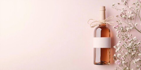 Aufkleber - Stylish Wine Bottle Gift Arrangement with Delicate Flowers and Blank Label for Customizable Text Space on Soft Pink Background