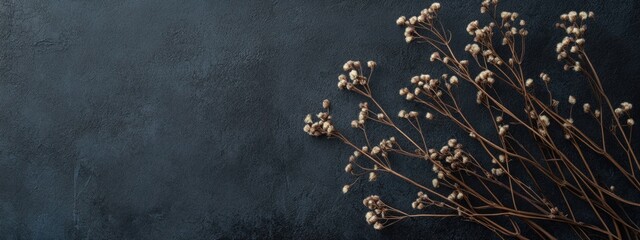 Fototapete - Dried floral branches arranged on a dark textured surface with blank space for text or branding overlay in a natural aesthetic setting