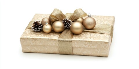 Poster - Festive gift box with gold ribbon and ornaments showcasing holiday elegance and a blank area for personalized text or messages
