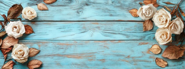 Aufkleber - Dried white roses and autumn leaves arranged on blue wooden surface with space for elegant text or message decoration