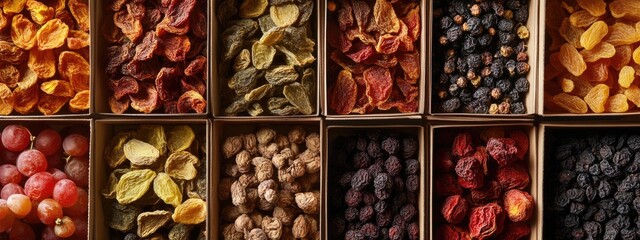 Leinwandbilder - Dried fruits and berries displayed in cardboard boxes with ample empty space for text in a market setting ideal for advertising or promotional use