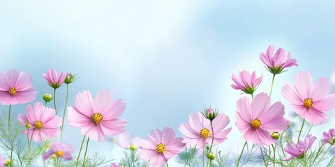 Aufkleber - Floral border featuring delicate cosmos flowers against a soft blue background with ample space for text or design elements.