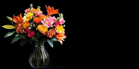 Poster - Vibrant floral bouquet in elegant glass vase against black background with ample empty space for personalized text or messaging