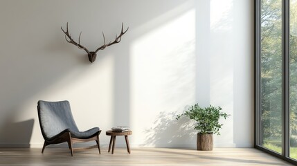 Poster - Modern rustic living room with empty wall banner mockup antlers natural light sliding glass door and greenery decor