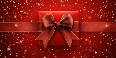 Poster - Festive red gift box adorned with a luxurious ribbon and bow ideal for Christmas or special occasion with empty copy space for personalization