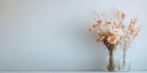 Poster - Elegant floral composition featuring dried and fresh blooms in glass vases with soft neutral background for versatile text placement