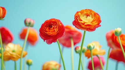 Aufkleber - Vibrant red and orange flowers with soft blue background in vertical orientation featuring empty space for text and artistic display