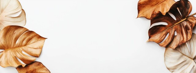 Aufkleber - Dried Monstera Leaves Frame on White Background with Copy Space for Text and Design Elements