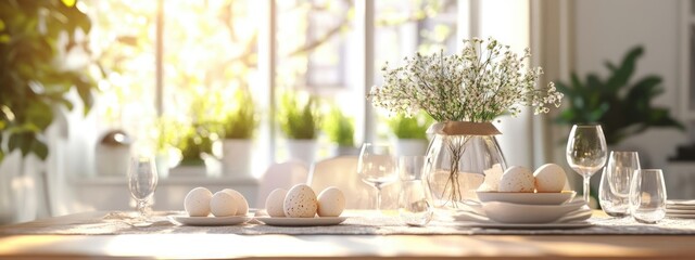 Aufkleber - Easter Table Setting in Bright Kitchen with Natural Light and Floral Centerpiece Ideal for Seasonal Celebrations and Copy Space