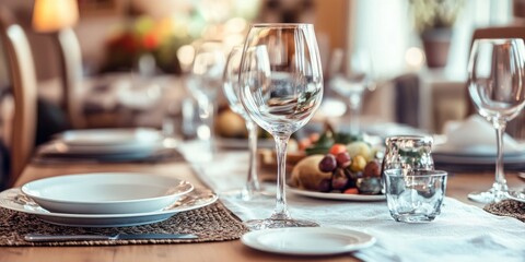 Poster - Elegant dining room setting with tableware and wine glasses in a cozy living space, featuring ample empty space for text insertion
