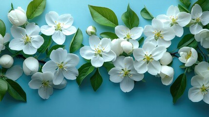 Leinwandbilder - Blooming white cherry or apple flowers with leaves on a light blue surface creating a serene spring floral background for text placement