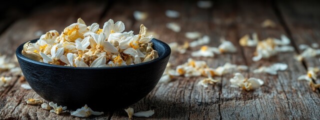 Poster - Dried jasmine flowers in a black bowl on rustic wooden table with ample space for text or branding in a serene natural setting.