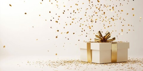 Poster - Elegant gift box with gold ribbon and scattered confetti on a light background creating an inviting space for personalized text or messages