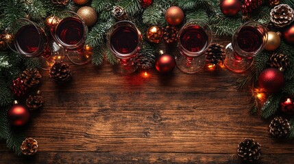 Aufkleber - Elegant Christmas Table Setting with Wine Glasses Ornaments and Pinecones on Wooden Surface Featuring Copyspace for Holiday Messages