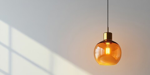 Poster - Elegant gold glass pendant lamp with warm orange glow illuminating a bright Scandinavian interior featuring ample copy space for text.