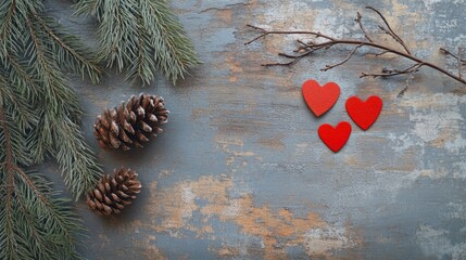 Poster - Winter Greetings Card with Fir Pine Branches Pine Cones and Red Hearts on Rustic Board Empty Space for Text Flat Lay Festive Template