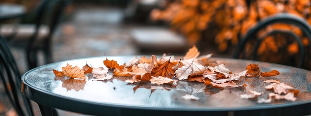 Aufkleber - Autumn Dried Leaves on Glass Cafe Table with Outdoor Setting and Blank Space for Text or Design Use