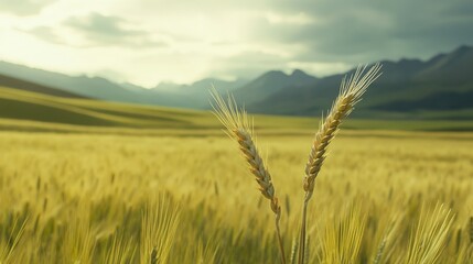 Aufkleber - Close up of ripe wheat ears in a scenic landscape showcasing fields and mountains with ample space for text additions