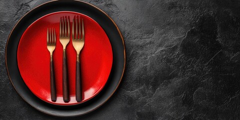 Poster - Elegant Dining Arrangement with Brown Forks on Black and Red Plates and Generous Empty Space for Text Placement
