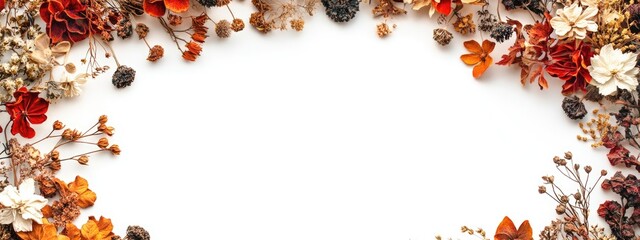 Poster - Dried Flower Arrangement on White Background with Empty Space for Text and Decorative Floral Elements