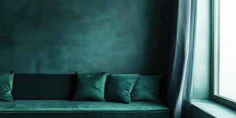 Poster - Minimalist interior featuring an elegant dark green sofa with cushions by a window creating an inviting atmosphere and ample copy space for text