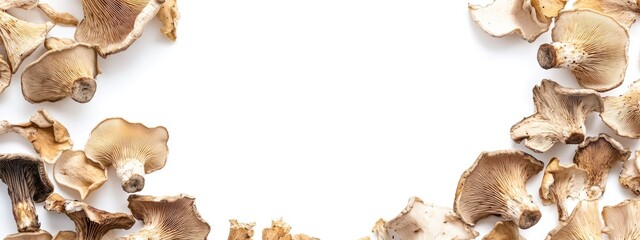 Leinwandbilder - Dried mushroom decoration frame on white background with empty space for text or product display in nature-inspired aesthetics