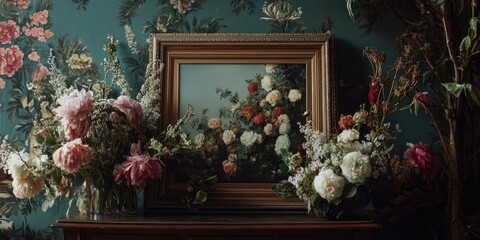 Leinwandbilder - Elegant fine art frame mockup with floral arrangement and ample copy space for customizable text or artwork display.