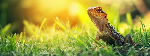 Poster - Dried lizard on green grass with sunlit background and ample copy space for text placement in creative designs