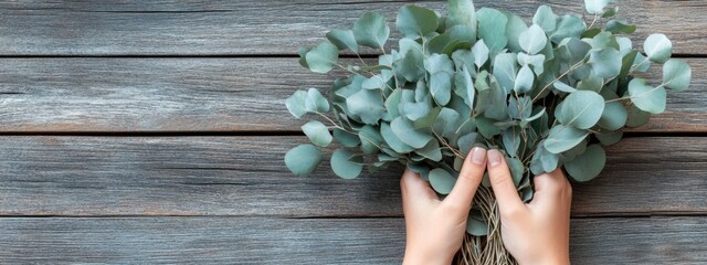 Leinwandbilder - Hand holding a bouquet of dried eucalyptus leaves on rustic wooden background with empty space for text and decorative wreath inspiration